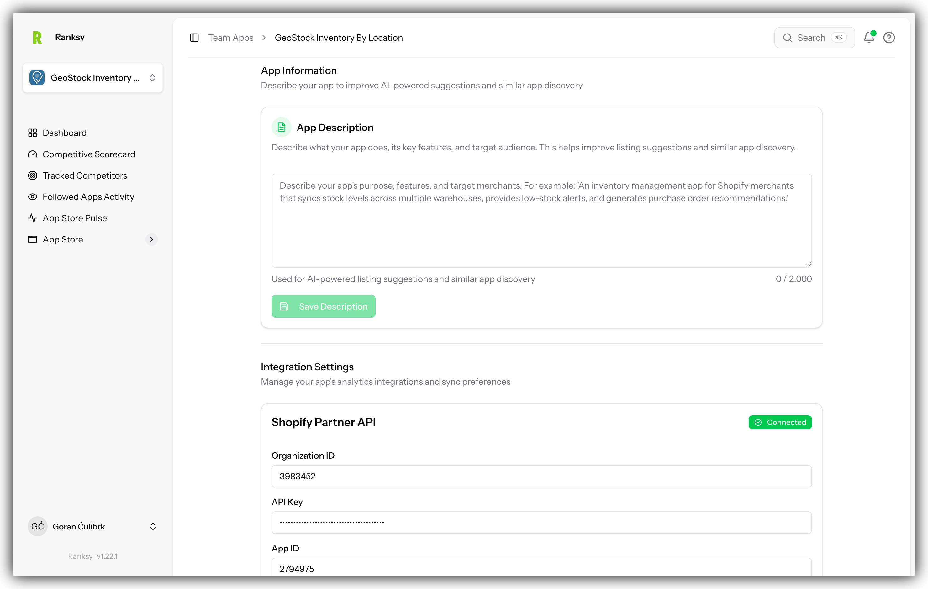 App settings page