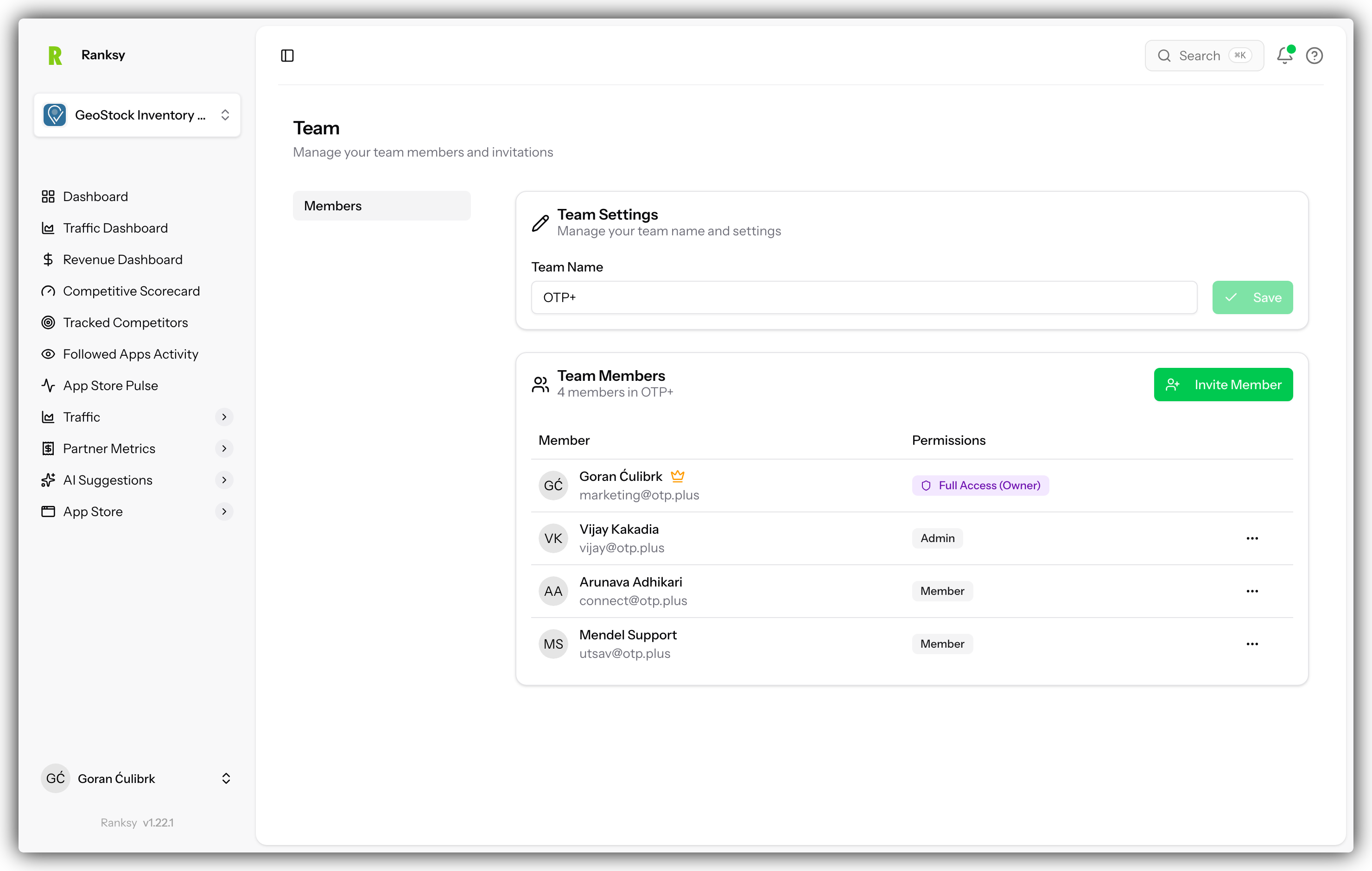 Team members list